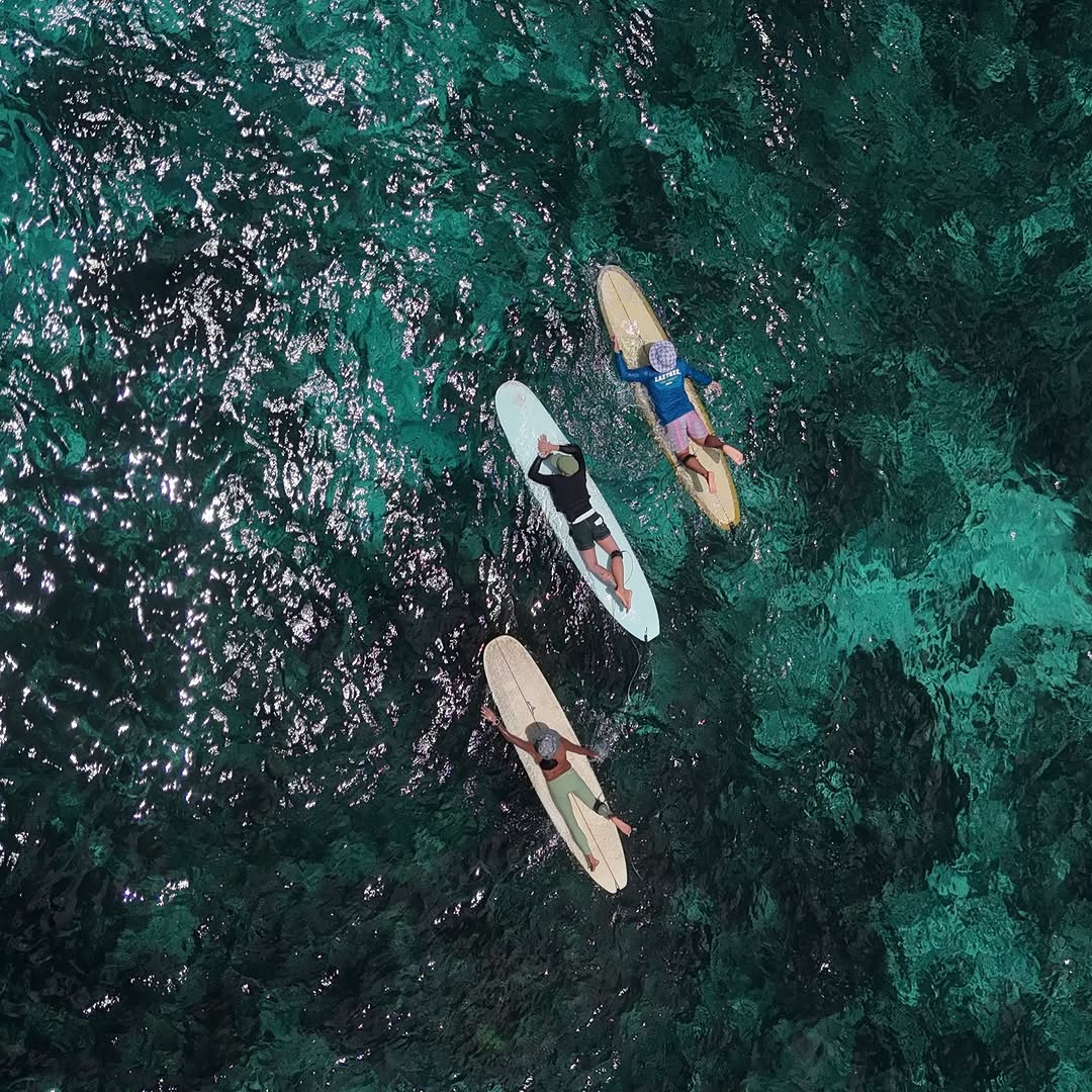 Aerial view of surfers at Siargao